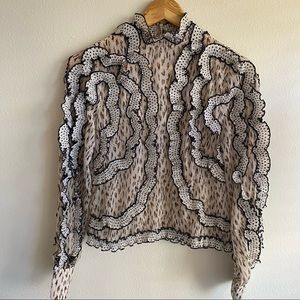 Elliatt Muse Top Shirt Blouse Ruffle Sheer High Neck XS Animal Print 3D Revolve